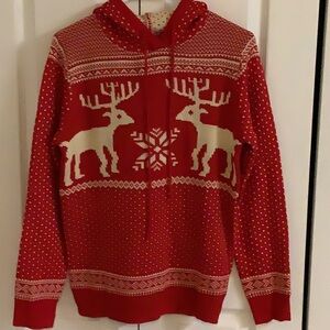 Festive Red and White Nordic Sweater with Reindeer Design